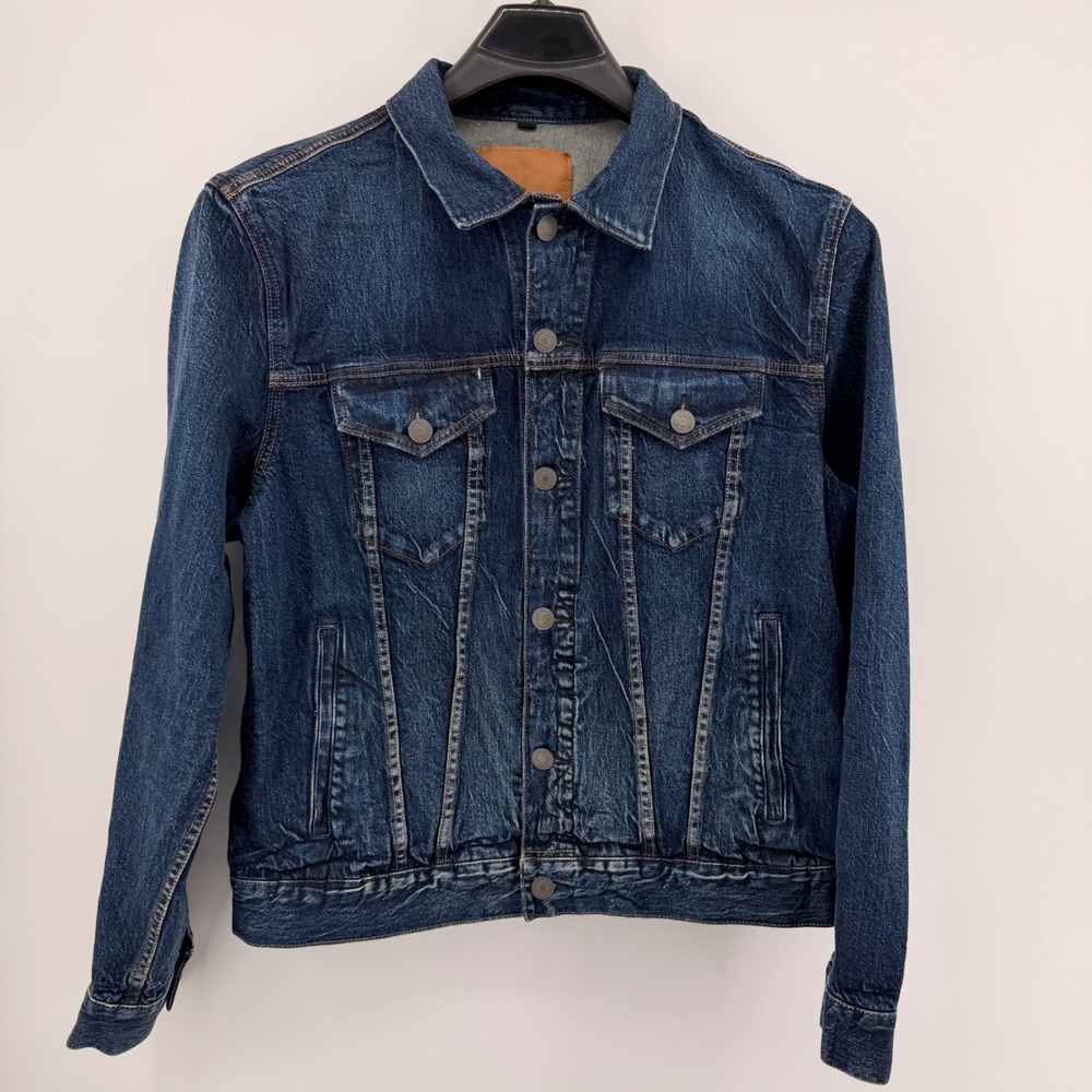 American Eagle Denim Jacket Mens L Dark Wash Flex Trucker Blue Button Up Coat